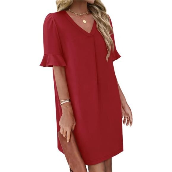 Women's Ruffle Sleeve Dress - V-Neck Summer Shift Dress with Pockets - Picture 3 of 6